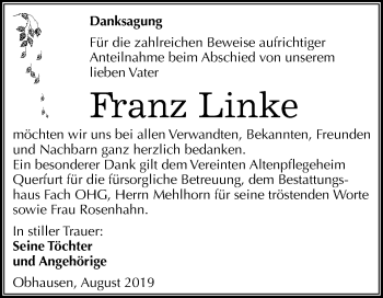 Traueranzeige von Franz Linke von Wochenspiegel Merseburg/Querfurt