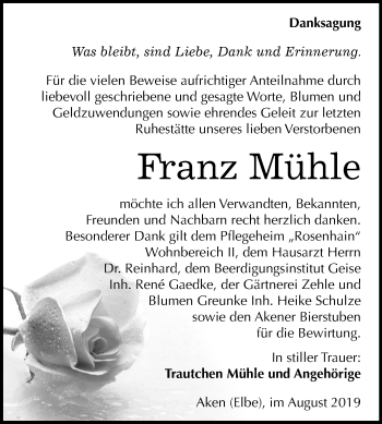 Traueranzeige von Franz Mühle von Mitteldeutsche Zeitung Köthen