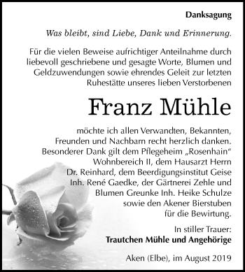 Traueranzeige von Franz Mühle von Super Sonntag Köthen