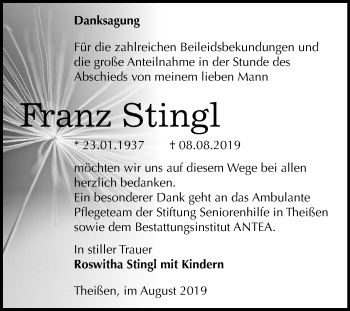 Traueranzeige von Franz Stingl von Mitteldeutsche Zeitung Zeitz
