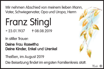 Traueranzeige von Franz Stingla von Super Sonntag Zeitz