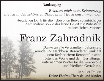 Traueranzeige von Franz Zahradnik von Wochenspiegel Bitterfeld