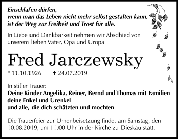 Traueranzeige von Fred Jarczewsky von Mitteldeutsche Zeitung Halle/Saalkreis