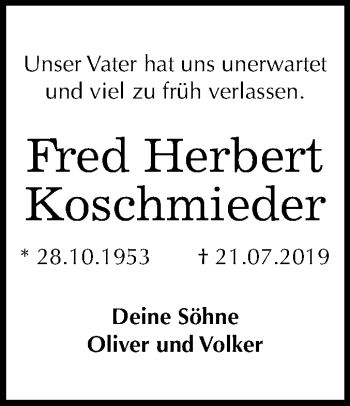 Traueranzeige von Fred Herbert Koschmieder von Mitteldeutsche Zeitung Quedlinburg