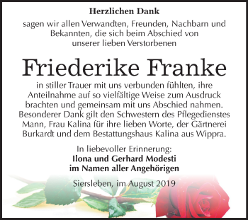 Traueranzeige von Friederike Franke von Super Sonntag Mansfelder Land