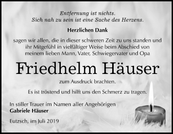 Traueranzeige von Friedhelm Häuser von Mitteldeutsche Zeitung Wittenberg