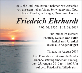 Traueranzeige von Friedrich Ehrhardt von Mitteldeutsche Zeitung Sangerhausen