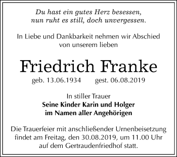 Traueranzeige von Friedrich Franke von Mitteldeutsche Zeitung Halle/Saalkreis