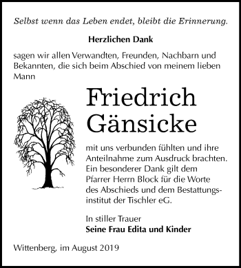 Traueranzeige von Friedrich Gänsicke von Super Sonntag Wittenberg