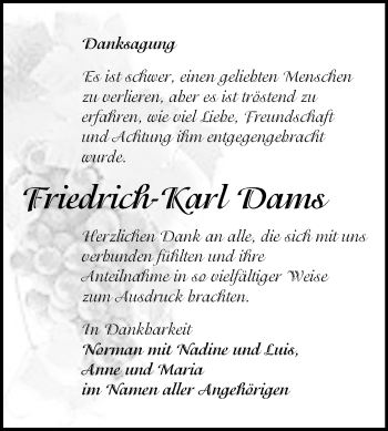 Traueranzeige von Friedrich-Karl Dams von Mitteldeutsche Zeitung Naumburg/Nebra
