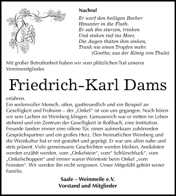 Traueranzeige von Friedrich-Karl Dams von Mitteldeutsche Zeitung Naumburg/Nebra