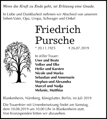 Traueranzeige von Friedrich Pursche von Super Sonntag Sangerhausen