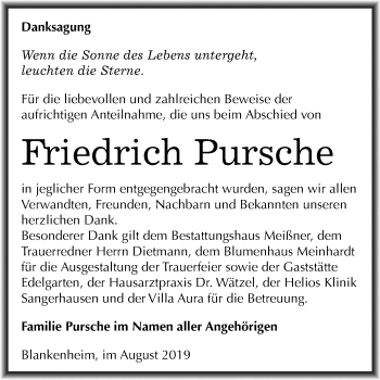 Traueranzeige von Friedrich Pursche von Mitteldeutsche Zeitung Sangerhausen