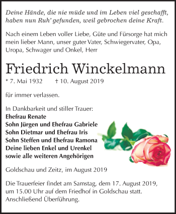 Traueranzeige von Friedrich Winckelmann von Wochenspiegel Zeitz
