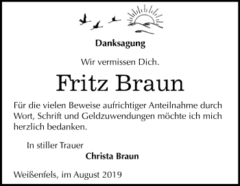 Traueranzeige von Fritz Braun von Mitteldeutsche Zeitung Weißenfels