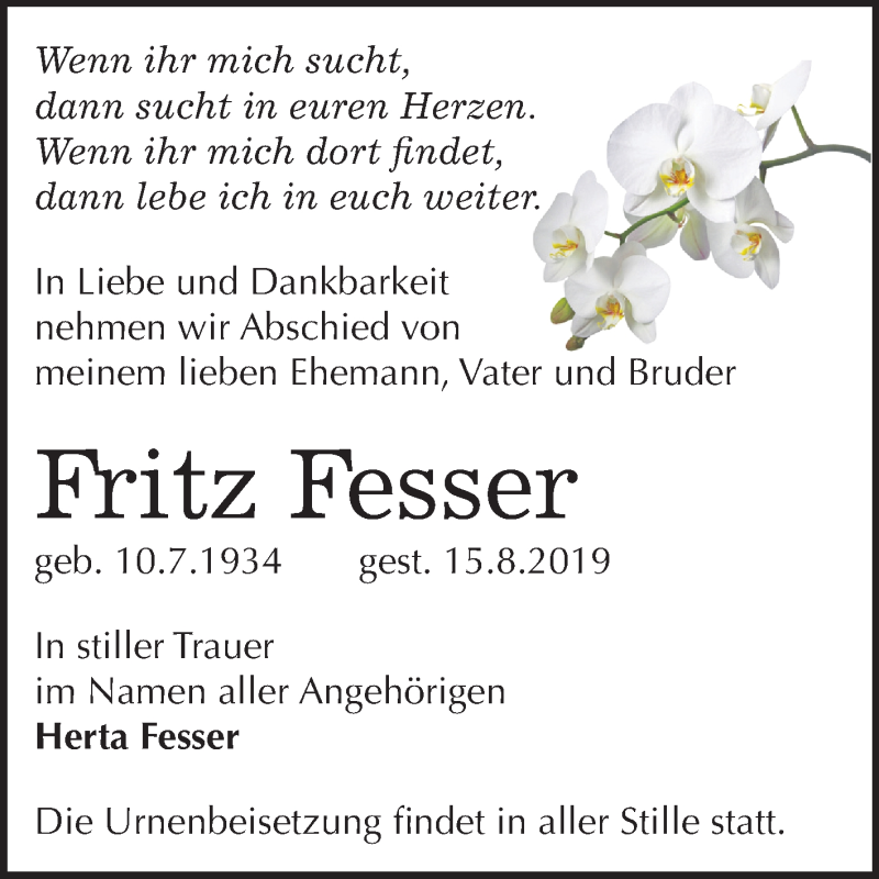  Traueranzeige für Fritz Fesser vom 20.08.2019 aus Mitteldeutsche Zeitung Köthen
