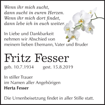 Traueranzeige von Fritz Fesser von Super Sonntag Köthen