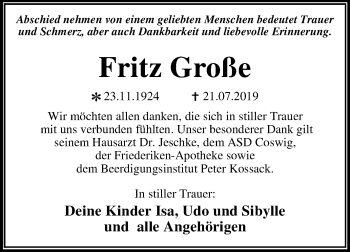 Traueranzeige von Fritz Große von Mitteldeutsche Zeitung Wittenberg