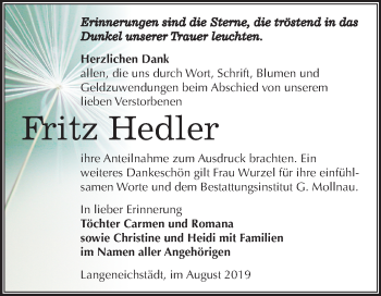 Traueranzeige von Fritz Hedler von Mitteldeutsche Zeitung Merseburg/Querfurt