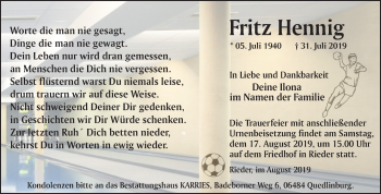 Traueranzeige von Fritz Hennig von Mitteldeutsche Zeitung Bernburg / Quedlinburg
