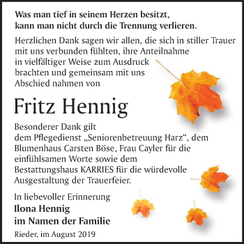 Traueranzeige von Fritz Hennig von Mitteldeutsche Zeitung Bernburg / Quedlinburg