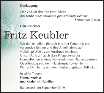 Traueranzeige von Fritz Keubler von Mitteldeutsche Zeitung Quedlinburg