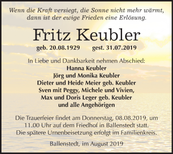 Traueranzeige von Fritz Keubler von Mitteldeutsche Zeitung Quedlinburg
