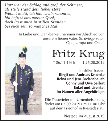 Traueranzeige von Fritz Krug von Super Sonntag Sangerhausen