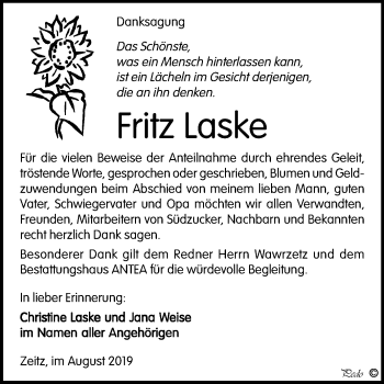 Traueranzeige von Fritz Laske von Super Sonntag Zeitz
