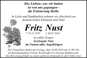 Traueranzeige von Fritz Nust von Mitteldeutsche Zeitung Dessau-Roßlau