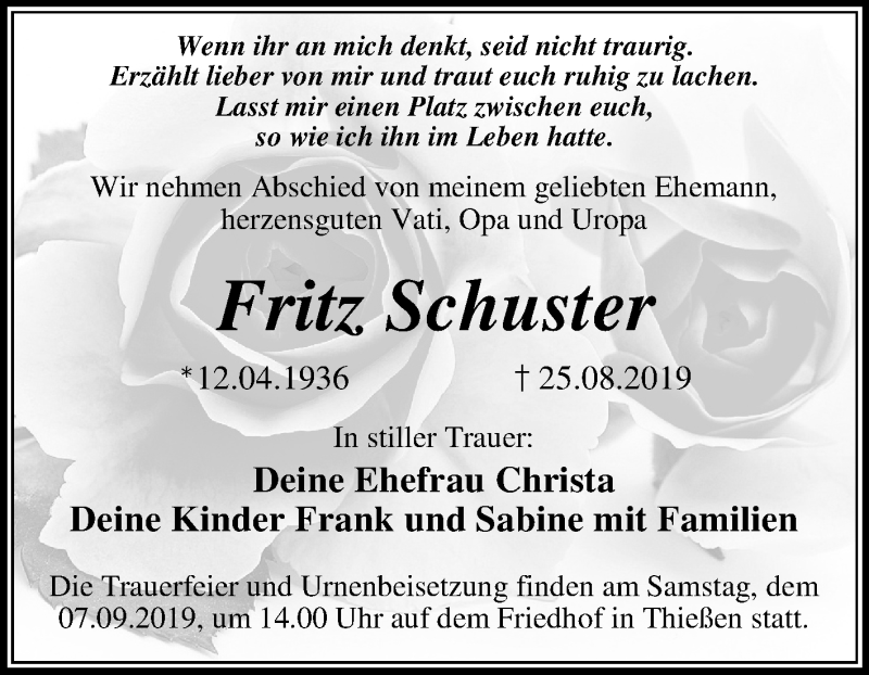  Traueranzeige für Fritz Schuster vom 31.08.2019 aus Super Sonntag Wittenberg