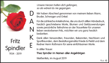 Traueranzeige von Fritz Spindler von Wochenspiegel Weißenfels