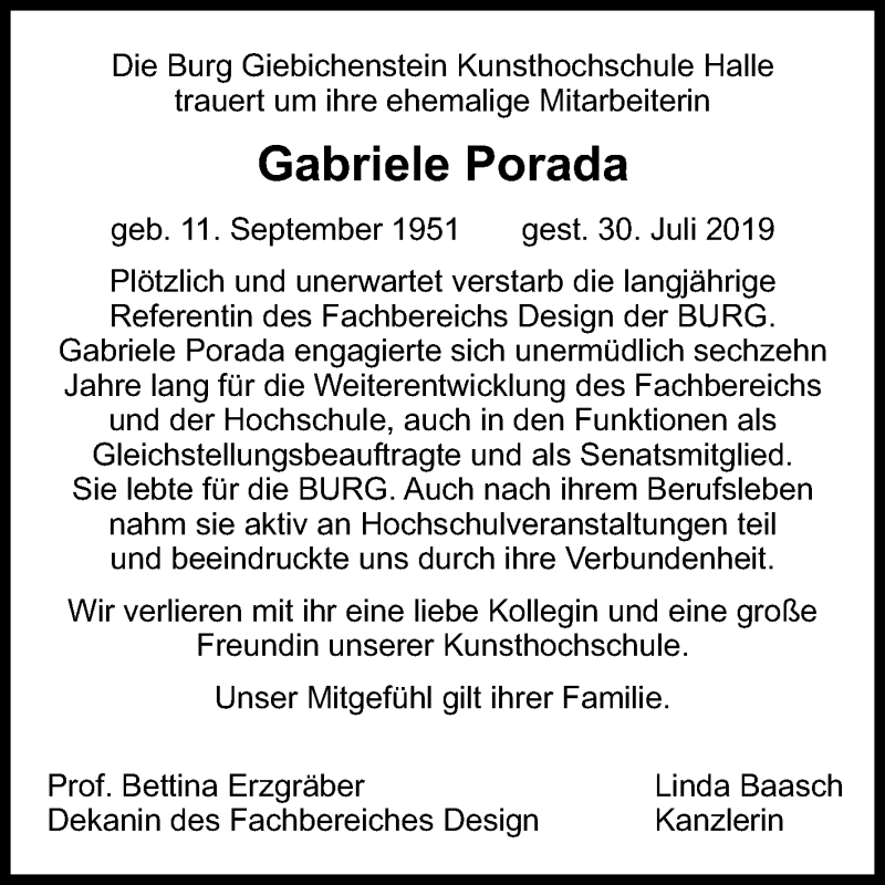  Traueranzeige für Gabriele Porada vom 24.08.2019 aus Mitteldeutsche Zeitung Halle/Saalkreis / Merseburg/Querfurt