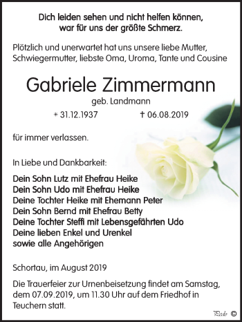 Traueranzeige von Gabriele Zimmermann von Wochenspiegel Weißenfels