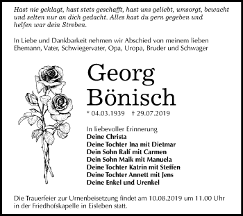 Traueranzeige von Georg Bönisch von Super Sonntag Mansfelder Land