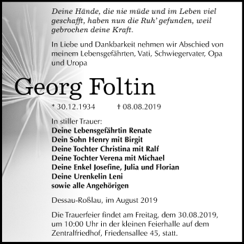Traueranzeige von Georg Foltin von Super Sonntag Dessau-Roßlau
