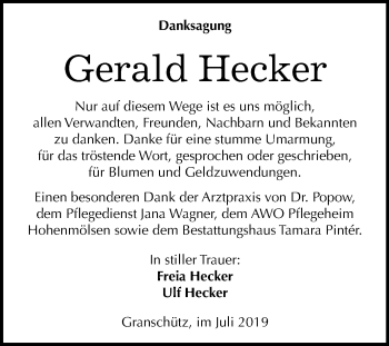 Traueranzeige von Gerald Hecker von Mitteldeutsche Zeitung Weißenfels