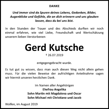 Traueranzeige von Gerd Kutsche von Wochenspiegel Bitterfeld