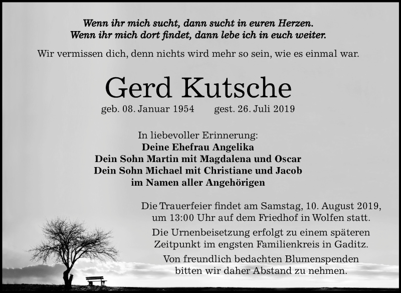  Traueranzeige für Gerd Kutsche vom 03.08.2019 aus Mitteldeutsche Zeitung Bitterfeld
