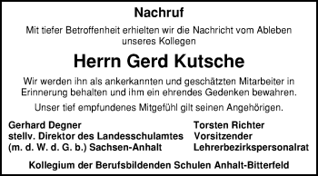 Traueranzeige von Gerd Kutsche von Wochenspiegel Bitterfeld