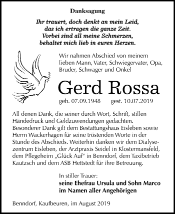 Traueranzeige von Gerd Rossa von Super Sonntag Mansfelder Land