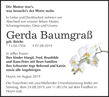 Traueranzeige von Gerda Baumgraß von Mitteldeutsche Zeitung Aschersleben / Quedlinburg