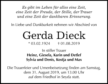 Traueranzeige von Gerda Dieck von Super Sonntag Wittenberg