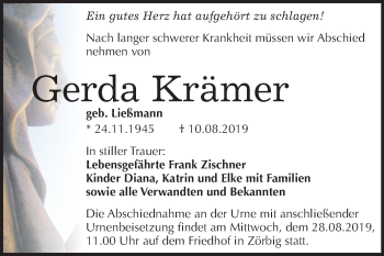 Traueranzeige von Gerda Krämer von Mitteldeutsche Zeitung Bitterfeld