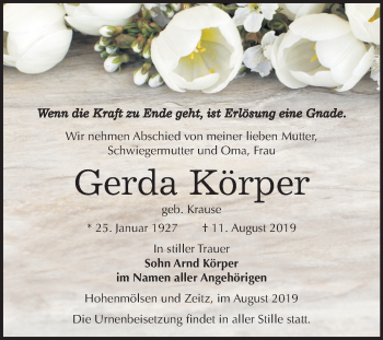 Traueranzeige von Gerda Körper von Wochenspiegel Zeitz