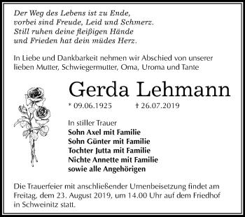 Traueranzeige von Gerda Lehmann von Mitteldeutsche Zeitung Wittenberg