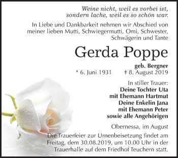 Traueranzeige von Gerda Poppe von Wochenspiegel Weißenfels