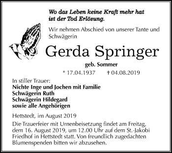 Traueranzeige von Gerda Springer von Mitteldeutsche Zeitung Mansfelder Land