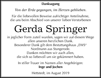 Traueranzeige von Gerda Springer von Mitteldeutsche Zeitung Mansfelder Land