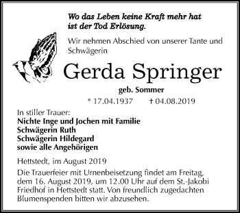 Traueranzeige von Gerda Springer von Super Sonntag Mansfelder Land